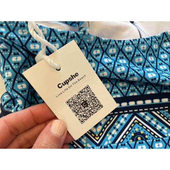 NWT Cupshe Turquoise Blue Boho Geometric Print Halter One-Piece Swimsuit, M - Picture 7 of 10